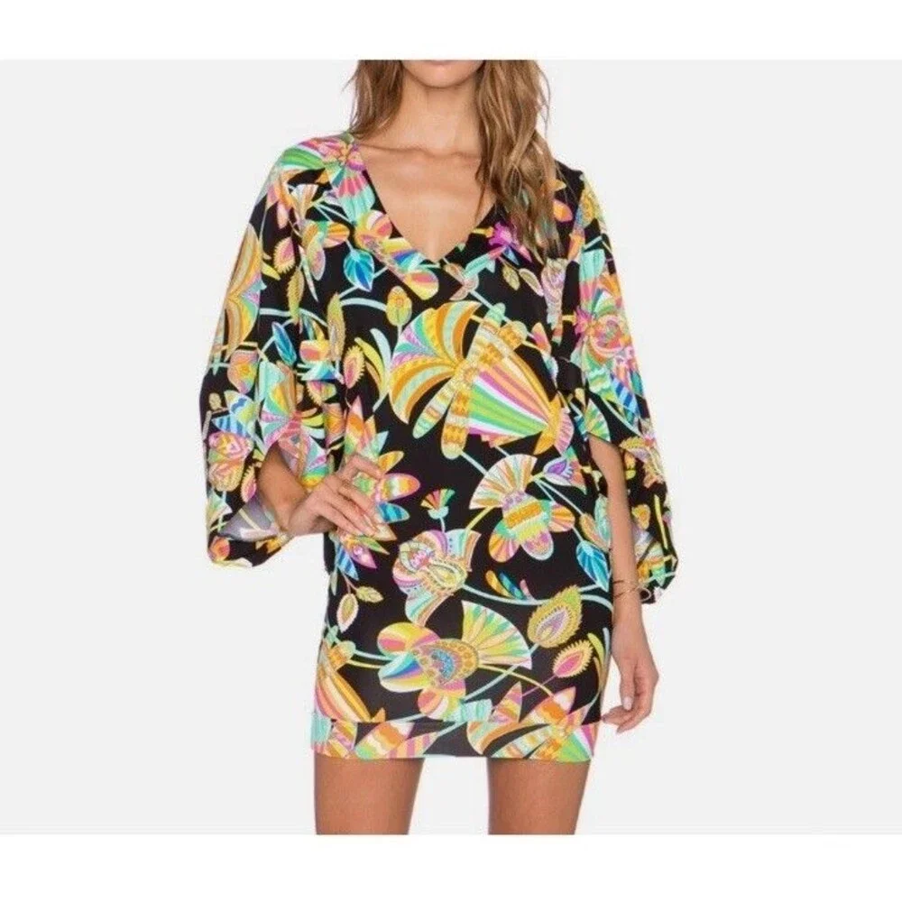 Trina Turk V-Neck Tahitian Floral Beach Swim Jersey Cover Up Tunic Dress Size S